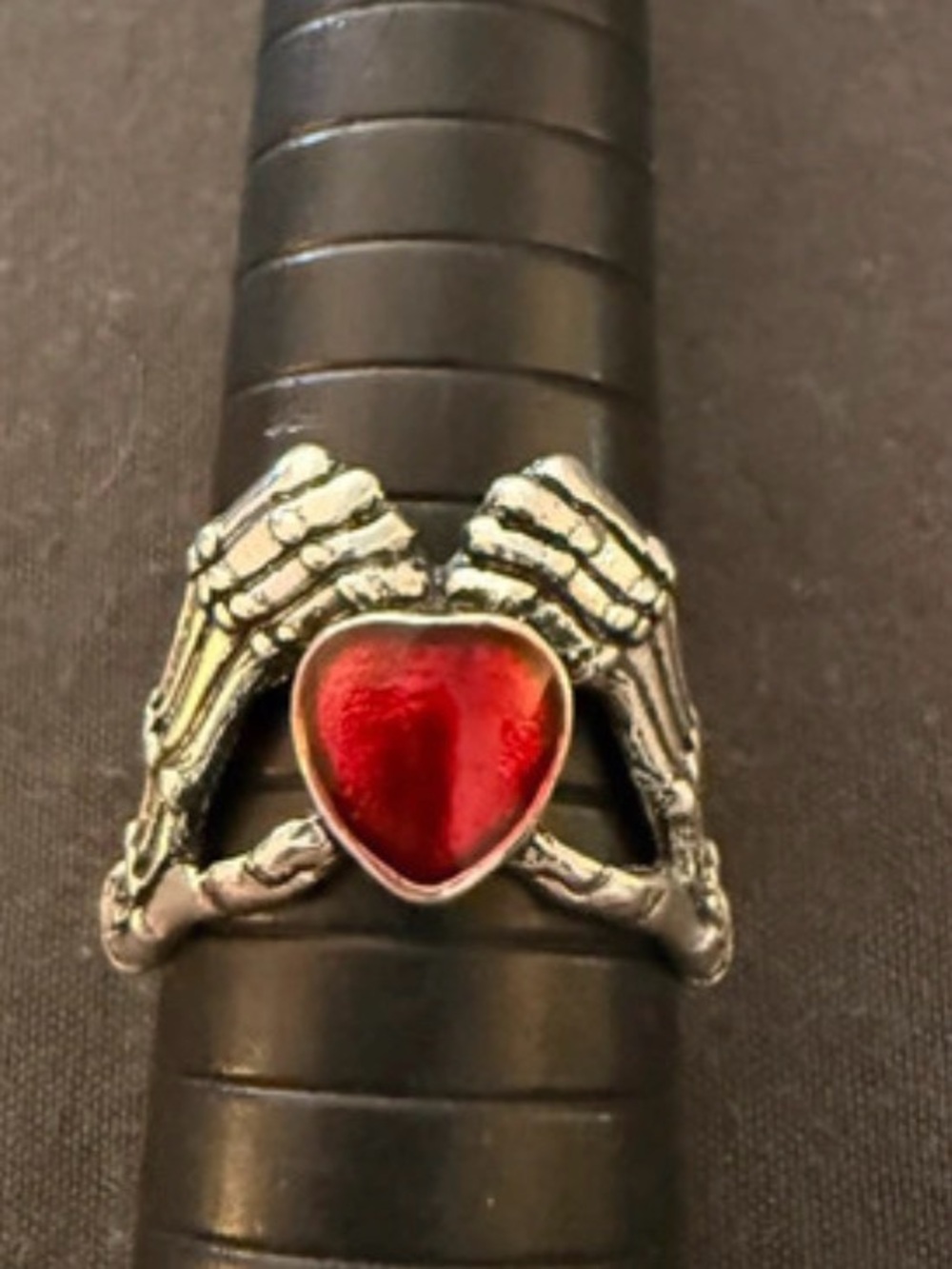 Women's Silver Skeleton Hands Ring with Red Heart Accent